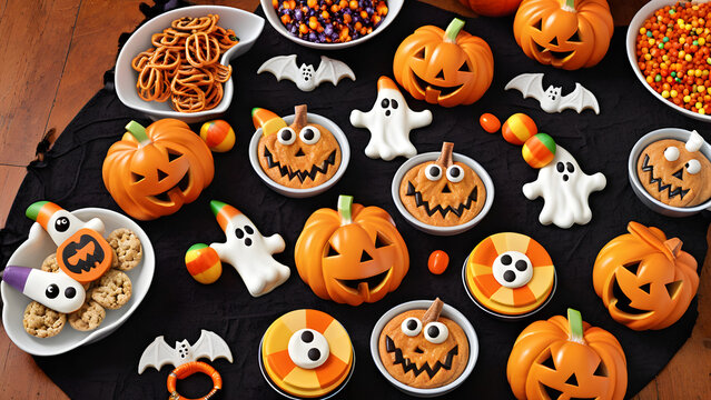 Halloween snacks concept background, Halloween day desserts, sweet dessert on Halloween, various unique snacks on Halloween, cute and unique desserts on Halloween day, ai generated