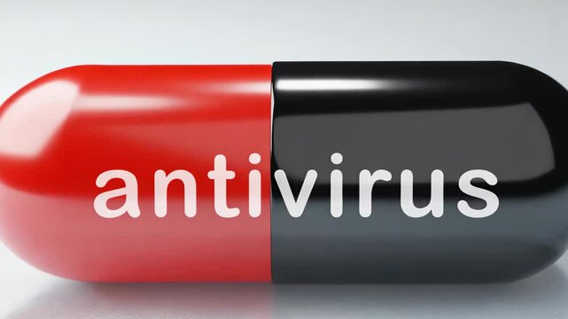 A digital illustration showcases a large capsule split into red and black halves, symbolizing antivirus software, with "antivirus" in bold white letters.