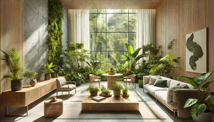 Fototapeta premium Eco-friendly living space with abundant greenery, wooden accents, and natural light