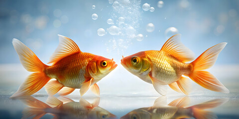 Fototapeta premium Romantic moment between two goldfishes sharing a kiss, underwater, love, romantic, cute, animals, aquatic, kissing