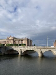 Naklejka premium Morning sun over the Lake Malar (Mälaren), city center, Stockholm, Sweden