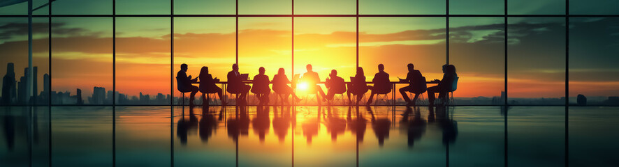 Business meeting in a conference room with silhouettes of professionals and a sunset in the background, reflecting teamwork and strategic discussions in a modern, corporate setting.