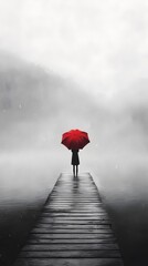 A girl with an umbrella stands on the end of a pier, holding her red umbrella in front of a foggy lake