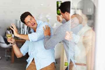Anger, crazy and wine with business people and fight for new year celebration, addiction and...