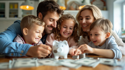 Happy Family Teaching Children About Savings Around a Table with Piggy Bank