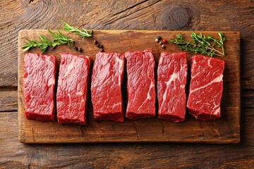 Tender raw beef steaks arranged on wooden cutting board with fresh herbs