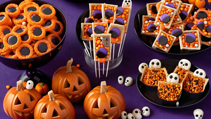 Halloween snacks concept background, Halloween day desserts, sweet dessert on Halloween, various unique snacks on Halloween, cute and unique desserts on Halloween day, ai generated