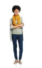 Fototapeta premium Fashion, smile and portrait of woman in studio for casual outfit, confidence and trendy clothes. Female person, happy and relax with arms crossed for style, satisfaction and pride on white background