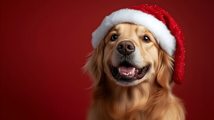 Cheerful Golden Retriever Celebrating Christmas Holidays in Santa Hat on Red Background