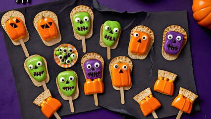 Halloween snacks concept background, Halloween day desserts, sweet dessert on Halloween, various unique snacks on Halloween, cute and unique desserts on Halloween day, ai generated