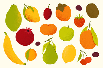 Flat fruits. Cartoon colorful summer berries, organic apple banana cherry mango citrus, fresh exotic fruit nutrition concept. Vector isolated set.eps