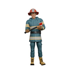 3D Cartoon Fire Department. A firefighter stands with both hands holding the fire extinguisher. Heroic Actions