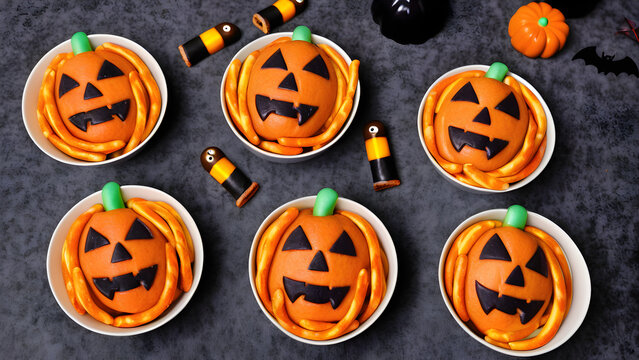 Halloween snacks concept background, Halloween day desserts, sweet dessert on Halloween, various unique snacks on Halloween, cute and unique desserts on Halloween day, ai generated