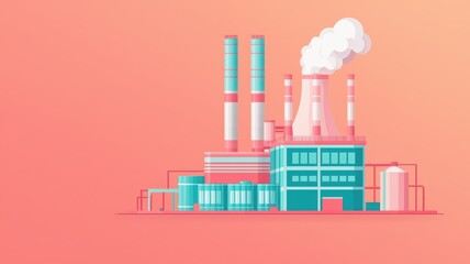 Nuclear power plant, Colorful illustration of a factory emitting smoke, industrialization and environmental themes