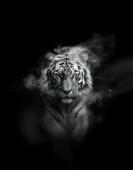 A white tiger with black stripes is shown against a black background with fog or smoke around it. The tiger's eyes and mouth are open.