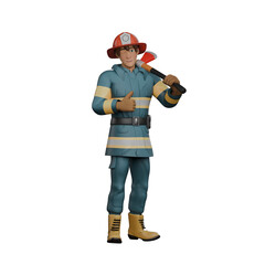 Male Firefighter 3D Model. A firefighter stands holding the fire extinguisher on his shoulder with his hand and giving a thumbs up sign with the other hand. Fire Department Environment