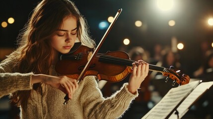 Young violinist performing on stage under dramatic spotlight in cozy sweater