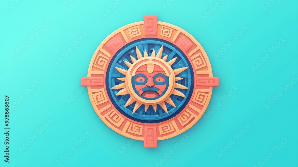 Poster colorful sun symbol design with intricate patterns set against a turquoise background