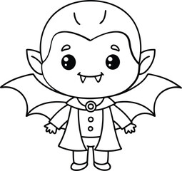 Cute Cartoon Vampire Character Coloring Page for Kids with Fangs and Bat Wings