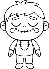 Obraz premium Cute Cartoon Zombie with Happy Closed Eyes Coloring Page for Kids with Stitches and Ragged Clothes