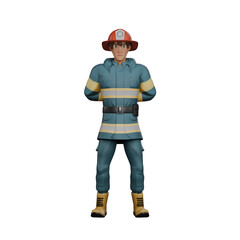 Illustration of a Professional Firefighter. A firefighter stands with both hands behind his back body, as if resting in place. 3D Male