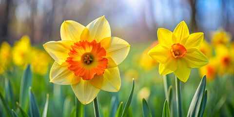 Fototapeta premium Two vibrant daffodils in full bloom beside a budding daffodil, spring, flowers, nature, daffodils, yellow, petals, bloom, garden