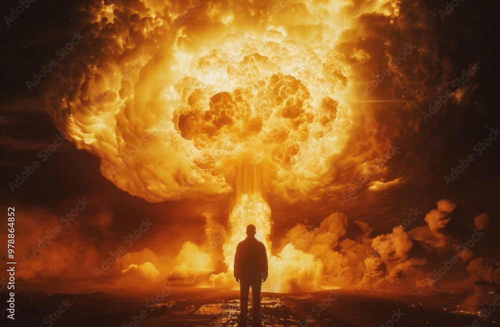 Poster a man stands in front of a nuclear explosion, with a mushroom cloud in the background, with dark ora