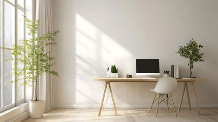 Minimalist Home Office Workspace with Wooden Desk and White Chair