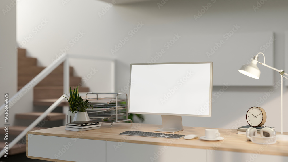 Poster a minimalist home workspace features a computer with a white screen and objects on a wooden table.