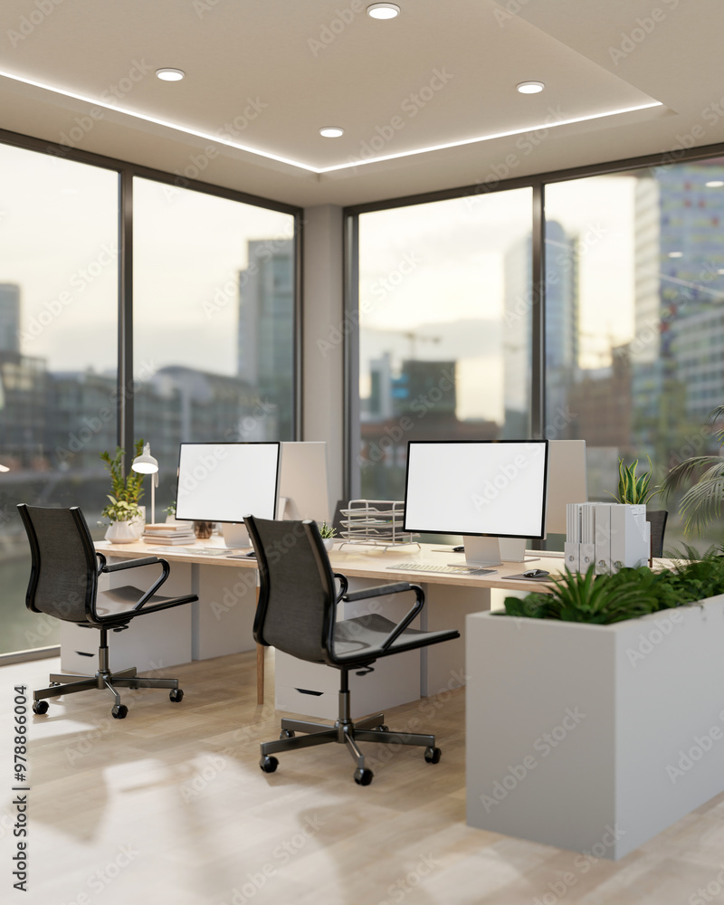 Aufkleber a modern office in a skyscraper features computers on desks by the window with a stunning view.