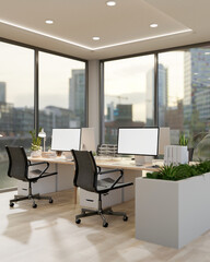 A modern office in a skyscraper features computers on desks by the window with a stunning view.