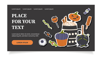 Halloween creepy cute black banner with Halloween sweets stickers. Halloween treat background. Halloween concept.
