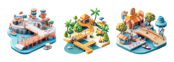 Obraz premium Trio of idyllic isometric island scenes with bridges and buildings