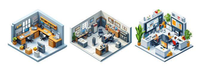 Isometric office illustrations: modern workspaces with technology and plants