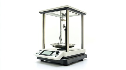 High-precision digital balance scale isolated on a white background, ideal for laboratory and scientific research visuals