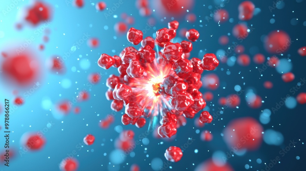 Poster nuclear fission, vibrant visualization of a virus particle showcasing intricate details in a dynamic