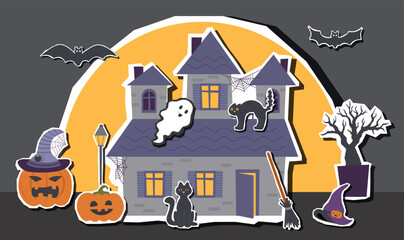 Halloween creepy cute black banner with Halloween house and elements stickers. Halloween background. Halloween concept.