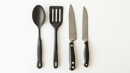 Isolated kitchen utensils including a spatula, spoon, and knife, set against a white background for cooking and kitchen stock images