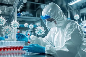 A virologist in protective gear carefully labels test tubes containing red samples while conducting research in a sterile environment focused on infectious diseases.