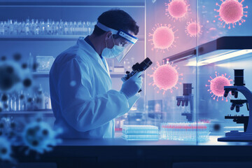 A virologist in protective gear carefully labels test tubes containing red samples while conducting research in a sterile environment focused on infectious diseases.