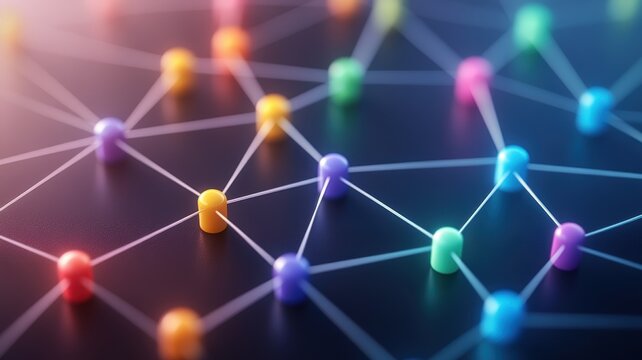 Colorful network nodes connected by lines, illustrating communication, collaboration, and digital connections in a modern design.