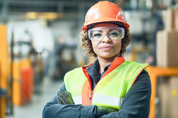 Confident woman engineer with protective equipment exudes competence and determination in manufacturing facility, breaking stereotypes in industry. Embodying diversity in trades. 