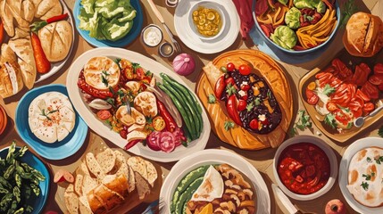 Celebrate World Food Day with a vibrant display of diverse cuisines, colorful ingredients, and rich textures that emphasize the importance of global food security and the joy of sharing meals 