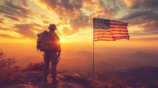 Military soldier with the American flag, set against a glowing sunrise sky, perfect for Veterans Day commemorations