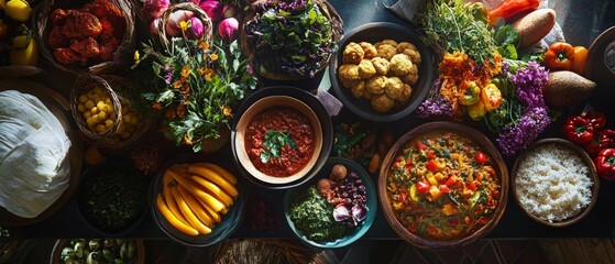 Fototapeta premium Celebrate World Food Day with a vibrant display of diverse cuisines, colorful ingredients, and rich textures that emphasize the importance of global food security and the joy of sharing meals 