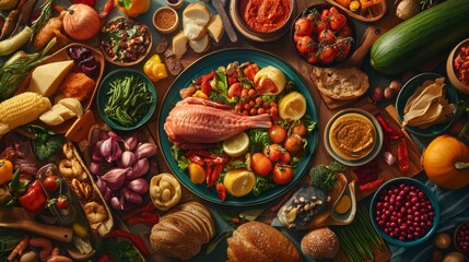 Fototapeta premium Celebrate World Food Day with a vibrant display of diverse cuisines, colorful ingredients, and rich textures that emphasize the importance of global food security and the joy of sharing meals 