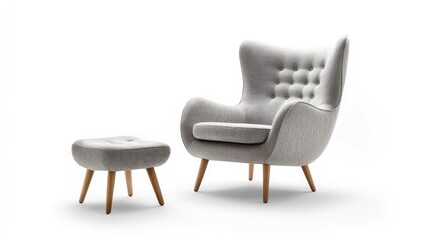 Modern fabric armchair with matching small chair for legs, set against a white background, ideal for interior design and furniture catalogues