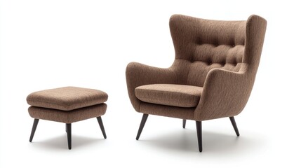 Modern fabric armchair with matching small chair for legs, set against a white background, ideal for interior design and furniture catalogues