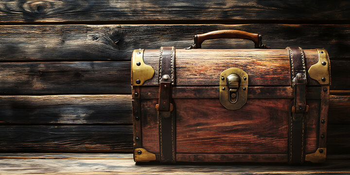 Antique wooden chest with brass accents on a rustic wooden background.