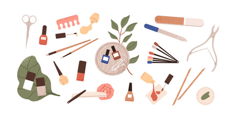 Manicure accessories set. Nail art and care tools. Professional beauty instruments, file, scissors, clipper, cuticle nipper, varnish gel. Flat vector illustrations isolated on white background
